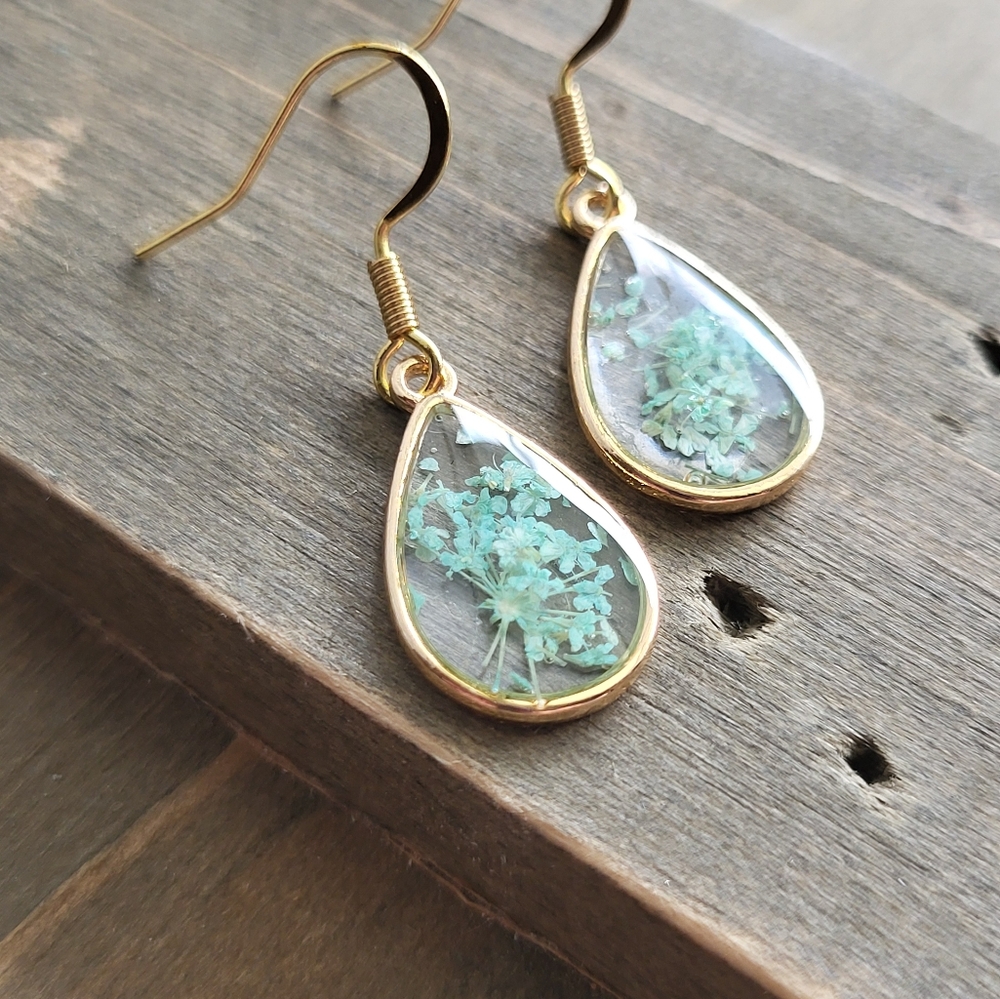 Succulent Blue Flower Teardrop Gold Earrings- Handmade Earrings- Blue Flower Ear